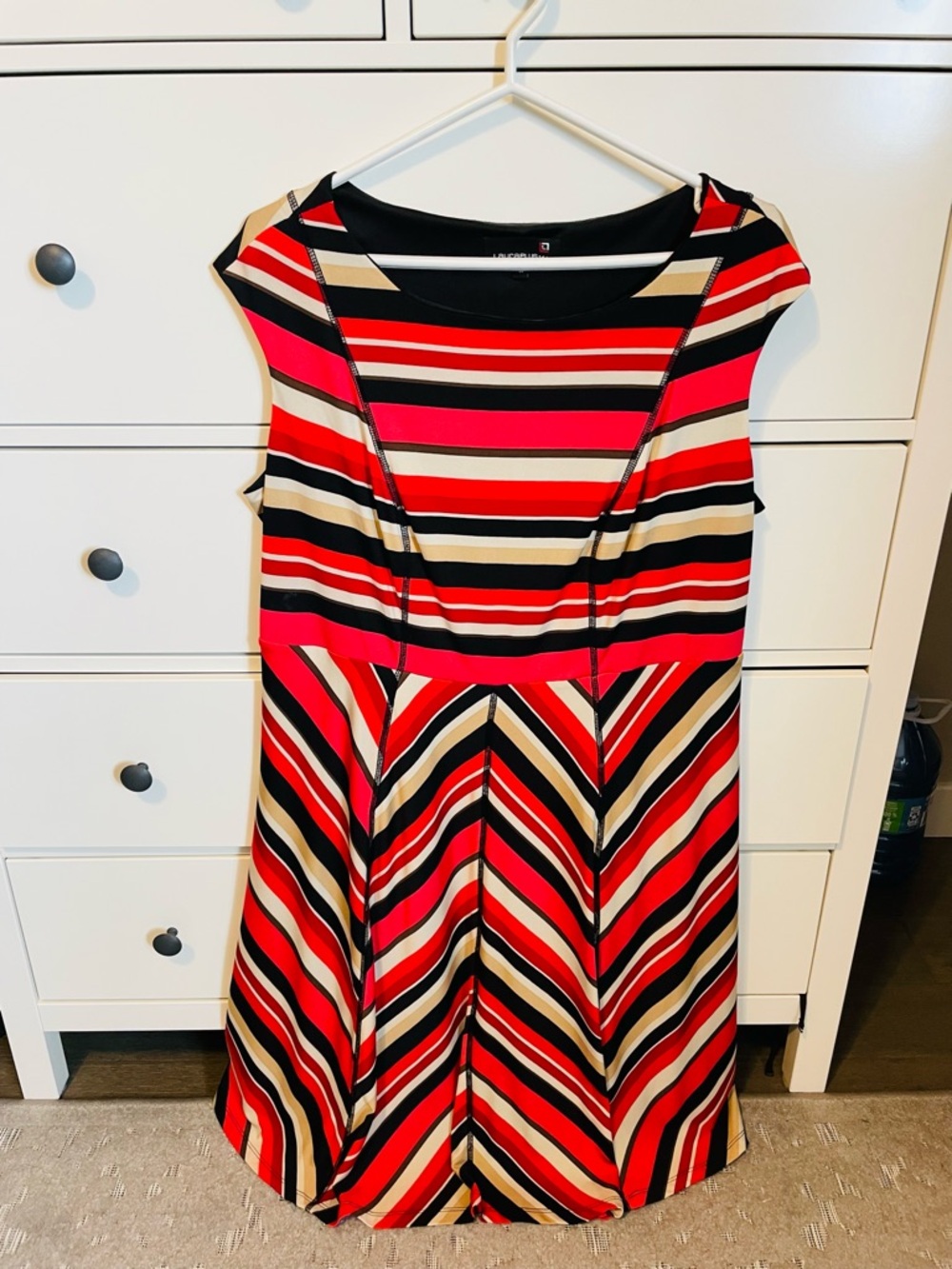Striped Midi Dress in Red, Black & Cream - Cap Sleeve Fit